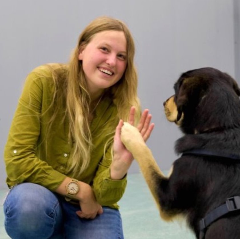 Jori Noordenbos with a dog that's participating in her research Jori Noordenbos with a dog that's participating in her research